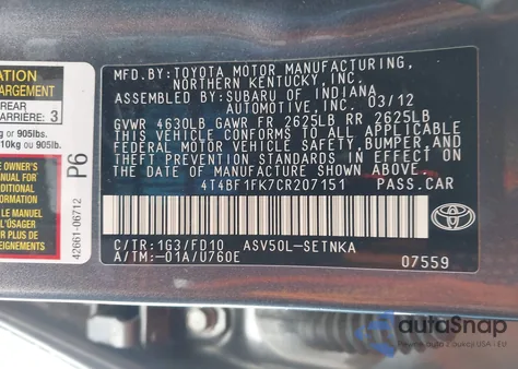 2012 Toyota Camry Le z USA, uszkodzony, nr VIN 4T4BF1FK7CR207151